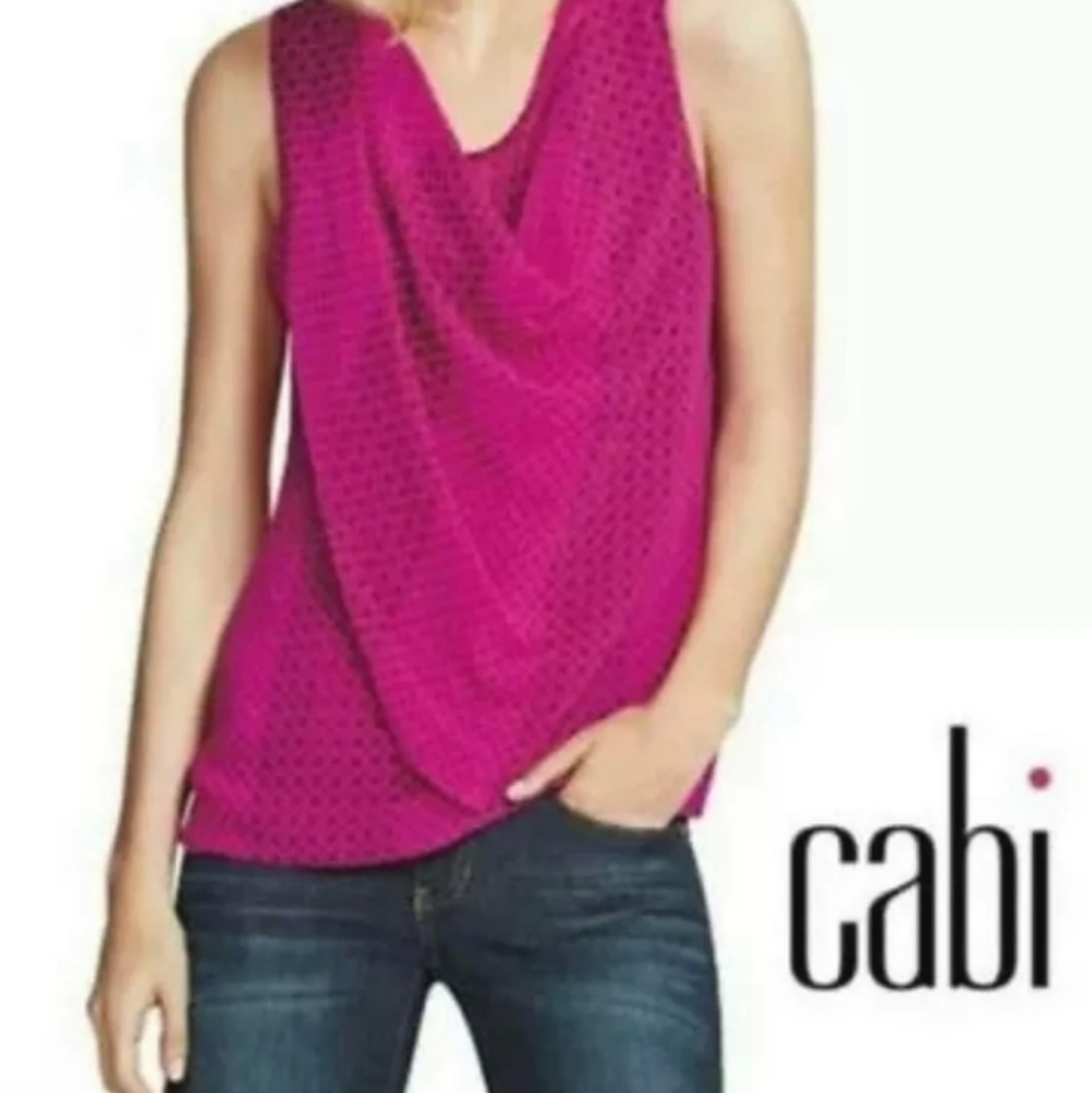 CAbi Top Sleeveless Draped Fuchsia Blouse Floral Dot Print Size Medium W…